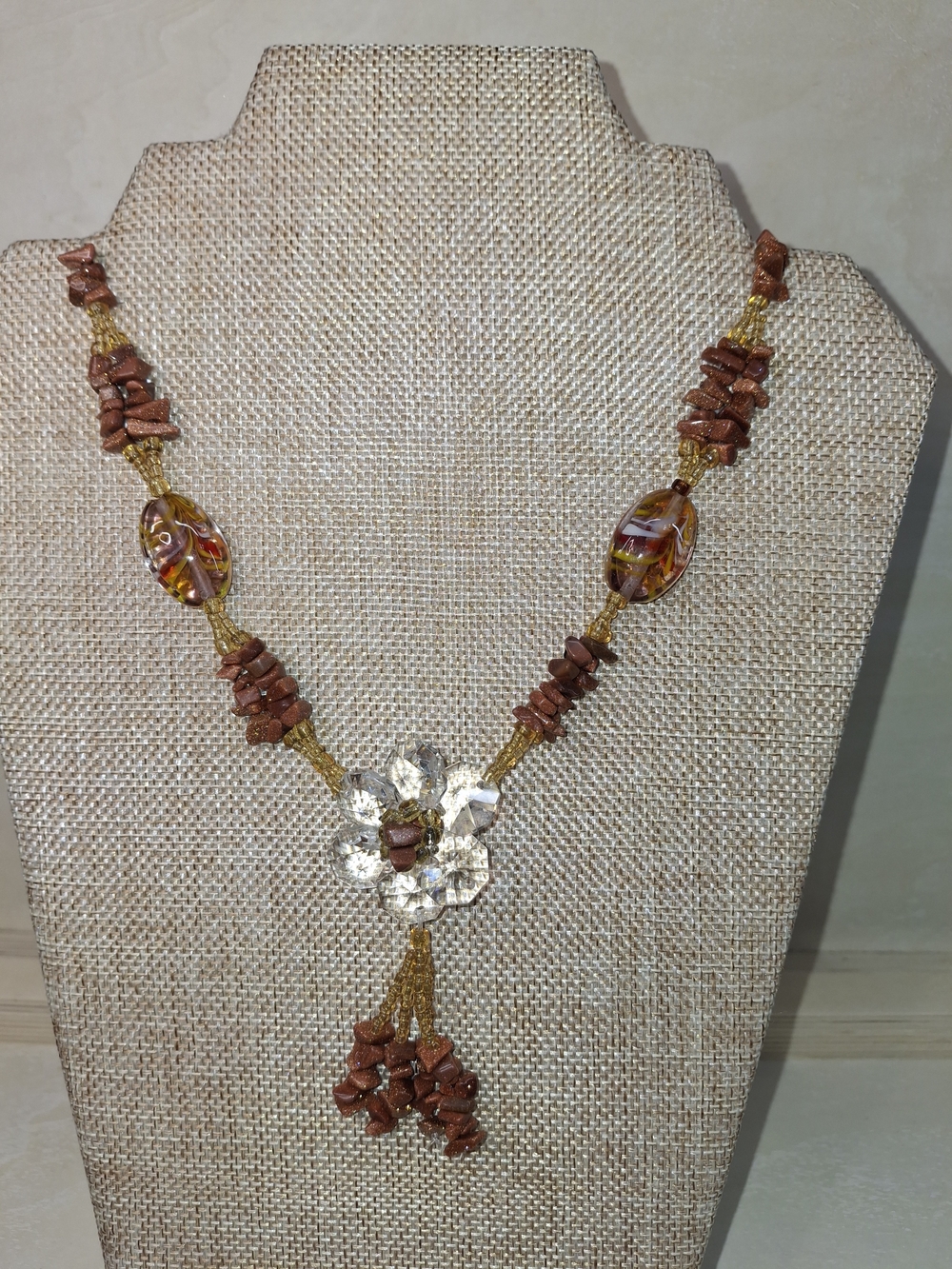 Brown Beaded Flower Pendant Necklace - Women Jewelry
